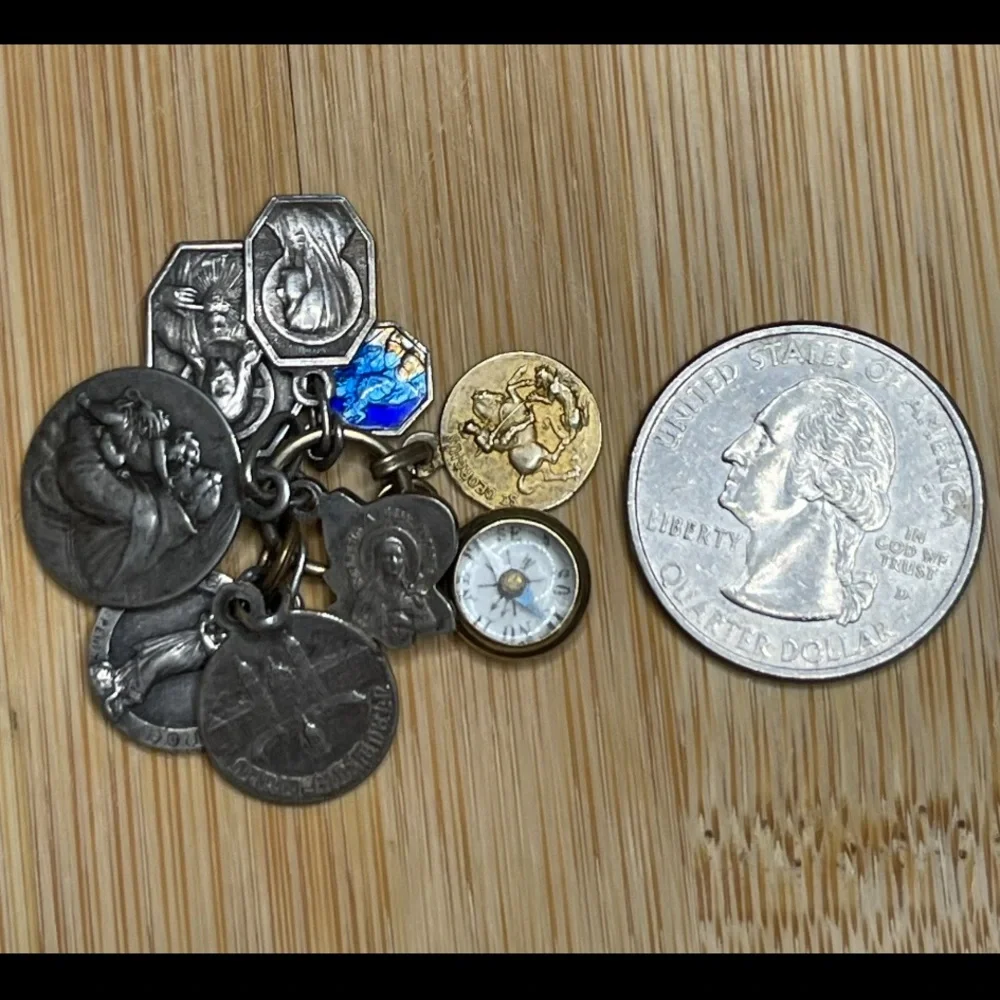 Antique French Religious Medals with Darling, Tiny Compass - Extraordinary Gift!
